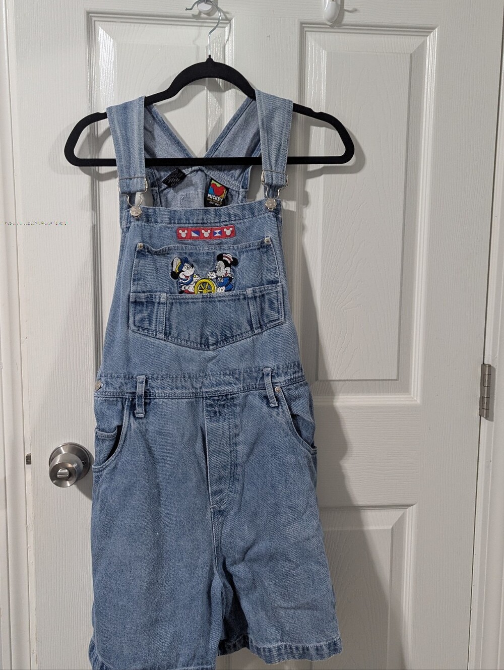 Vintage Woman's Disney Light Blue Denim Short Overalls Minnie & Mickey, Large